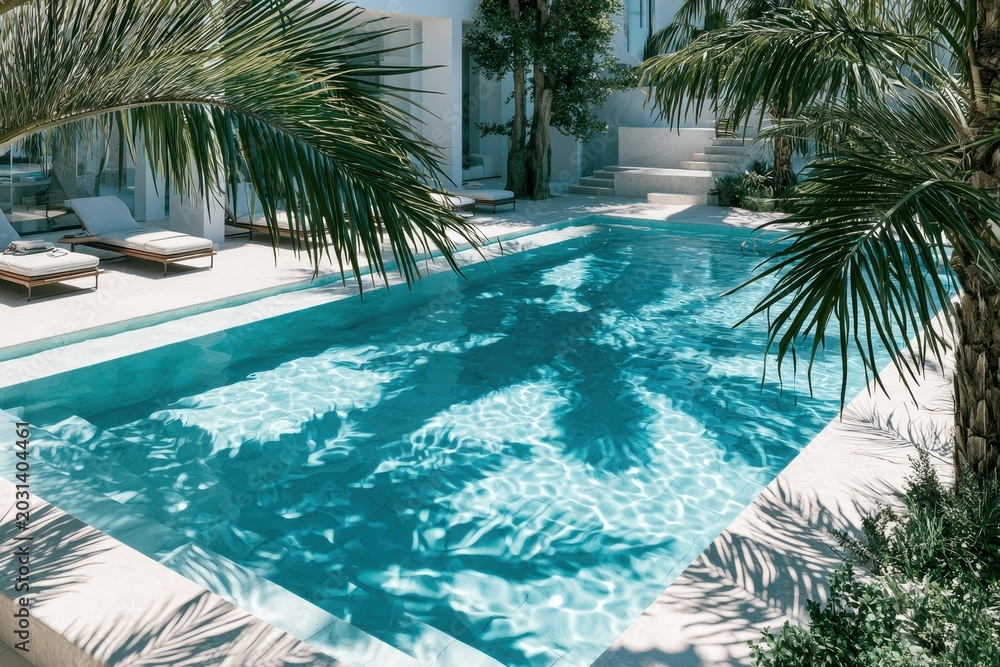 Fototapeta premium Tropical swimming pool with turquoise water and palm tree shadows in a bright resort courtyard for luxury travel and hospitality marketing