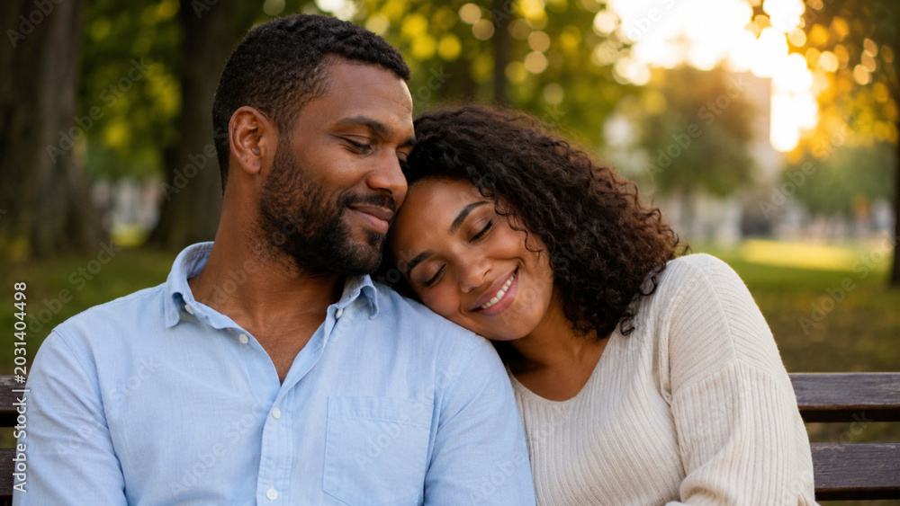Obraz premium Loving African American Couple Sharing a Peaceful Moment in a Sunny Park
