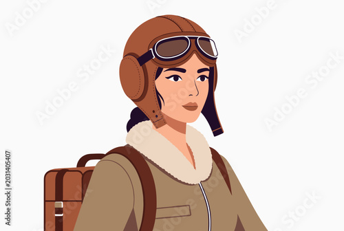 Vintage portrait of a brave female pilot wearing a leather aviator hat and goggles ready for a flight mission.