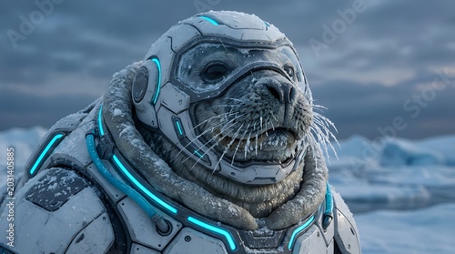 Futuristic Seal Wearing Scifi Suit in Snowy Arctic Landscape