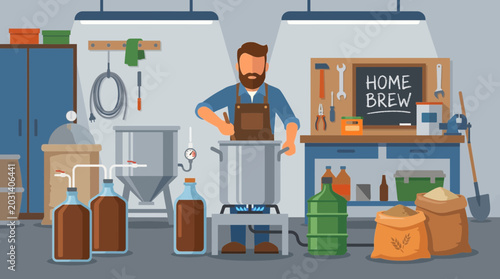 Photos Man brewing craft beer in home garage