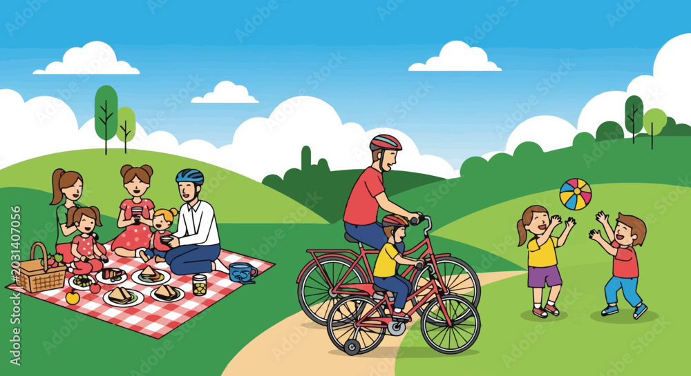 Naklejka premium Family enjoying outdoor picnic and children playing with ball on sunny day in park