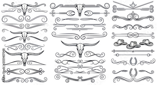 Konstfotografi Western Decorative Elements: Bull Skulls, Hats, Horseshoes, Ornate Borders