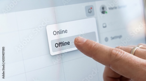 Hand clicking online, offline button, internet settings, digital options, connectivity choices