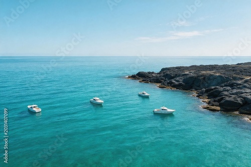 Boats in Turquoise Sea Near Rocky Shore