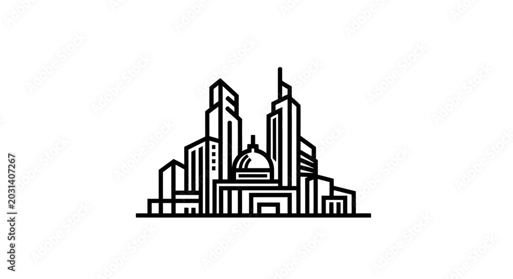 Fototapeta premium Minimalist cityscape outline design featuring skyscrapers and buildings