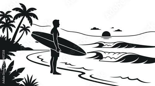 Man standing on beach with surfboard.
