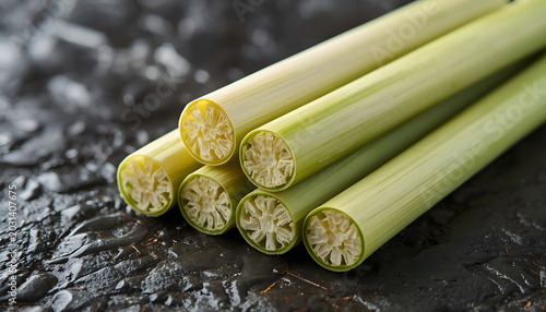 Close-up photograph of the cut ends of fresh green celery stalks on a dark, textured surface, highlighting the natural fibrous texture