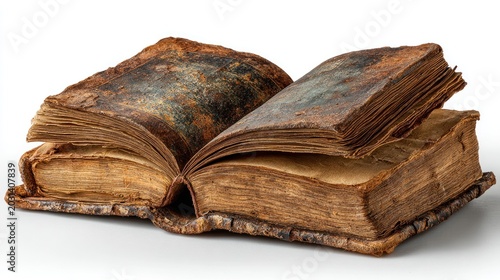 Ancient weathered open book with aged pages and worn leather cover on a white background