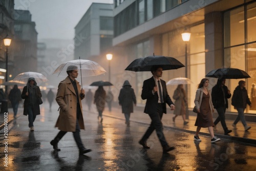 People walking in rain with umbrellas
