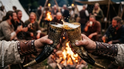 Toasting ornate Viking drinking horns splashing mead at a medieval festival