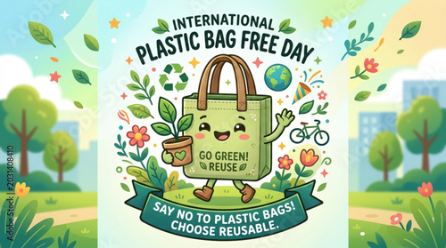 Photos Cute cartoon reusable bag mascot promotes eco friendly living on international p