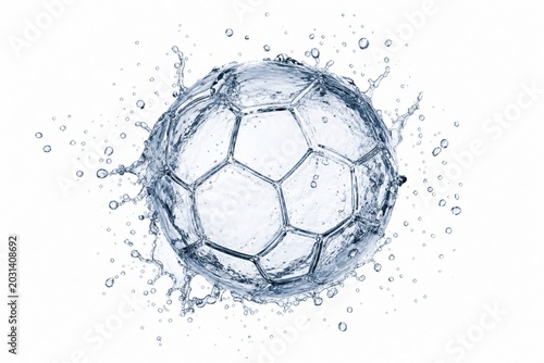 A dynamic professional photo of a soccer ball formed entirely by splashing crystal clear water liquid motion energetic sports concept frozen in time high speed photography clean studio lightin
