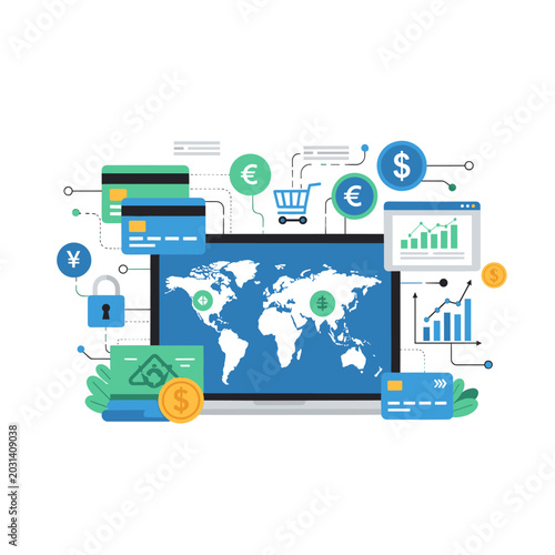 Global online financial transactions and e-commerce concept with world map, credit cards, currency symbols, and data analytics on a laptop screen.