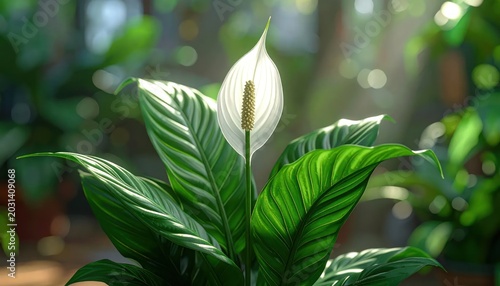 Elegant Peace Lily Flower Blooming in Lush Greenery with Soft Bokeh Background.