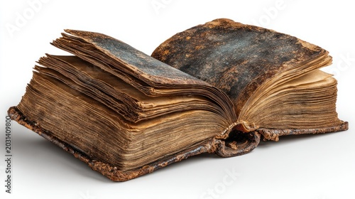 An ancient decaying book with weathered pages and a worn leather cover rests open