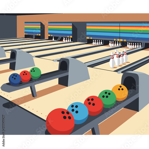 A vibrant illustration of a bowling alley with multiple lanes, colorful balls, and pins set up for a game.