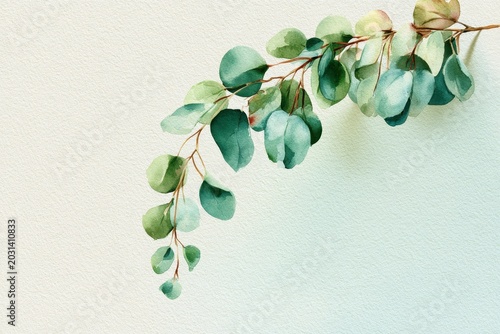 Eucalyptus leaves curving over a textured mint wall in a bright minimalist setting with sharp focus for wellness branding