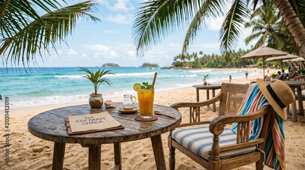 Fototapeta premium Tropical beach cafe table with juice, chair, palm leaves