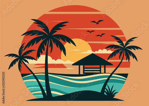 Tropical beach hut at sunset with palm trees flat design tropical bungalow