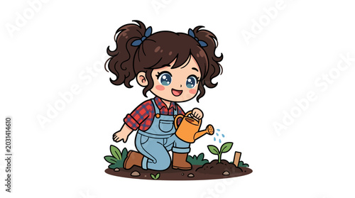 Schilderij op canvas Little girl watering plants outside garden.
