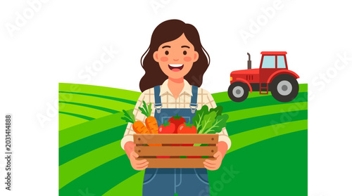 Billede på lærred Woman Holding Fresh Vegetable Crate.
