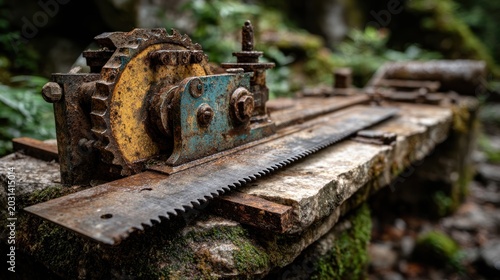 Old rusty industrial saw machinery abandoned in nature overgrown with moss