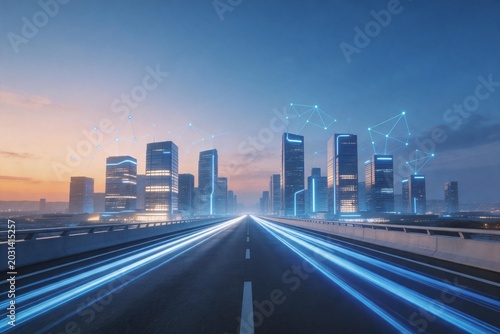 Futuristic cityscape with illuminated buildings