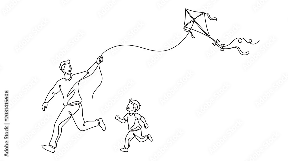 Obraz premium Father son running, flying kite, happy family, outdoor fun, childhood memories