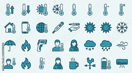 Obraz na płótnie Weather and Temperature Icon Set with Climate and Thermometer Symbols