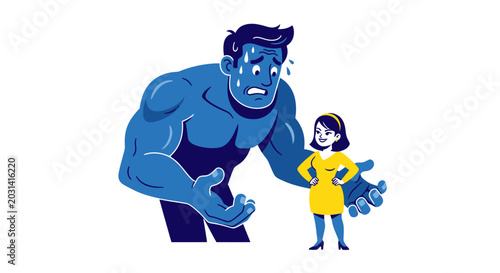 Obraz na płótnie Intimidated Man Facing Confident Woman, Size Difference, Anxiety Concept