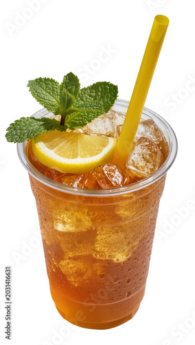 Refreshing iced tea with lemon slice mint and yellow straw, isolated on transparent background