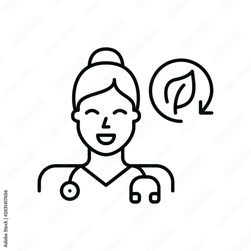 Naklejka premium Female doctor wearing stethoscope, leaf and renew arrow. Sustainable medication, healthcare and appointments. Pixel perfect, editable stroke vector icon