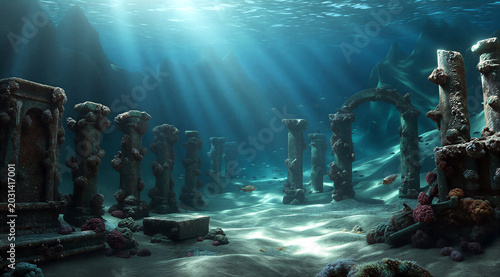 Ancient underwater ruins with sunlight beams shining through clear ocean water revealing lost civilization