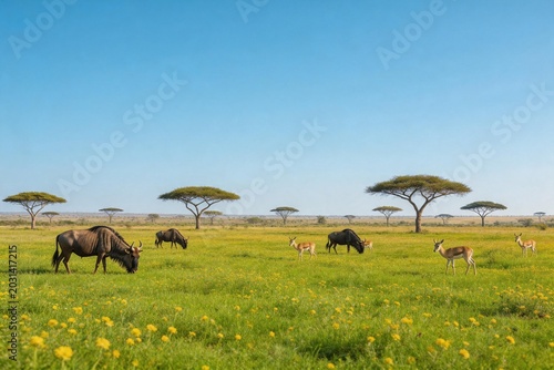 Savanna wildlife grazing in open field