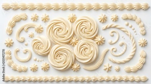 Vanilla buttercream frosting swirls and decorative cake borders, white cream piping patterns, elegant whipped icing rosettes for bakery design
