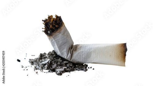 Photos Burnt cigarette butt with ash pile, isolated on transparent background