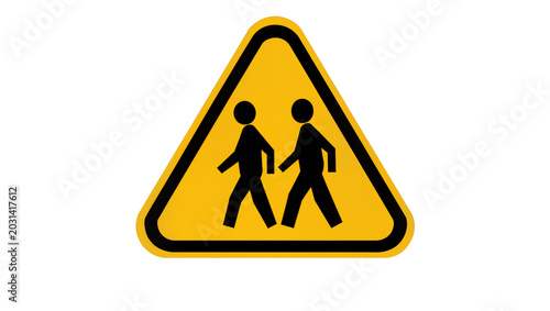 Obraz na plátně Yellow triangular warning sign with black pedestrian icons, isolated on transpar