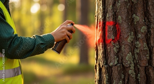 Forester's hand sprays red marking paint onto a tree trunk in a sunlit forest during logging operations