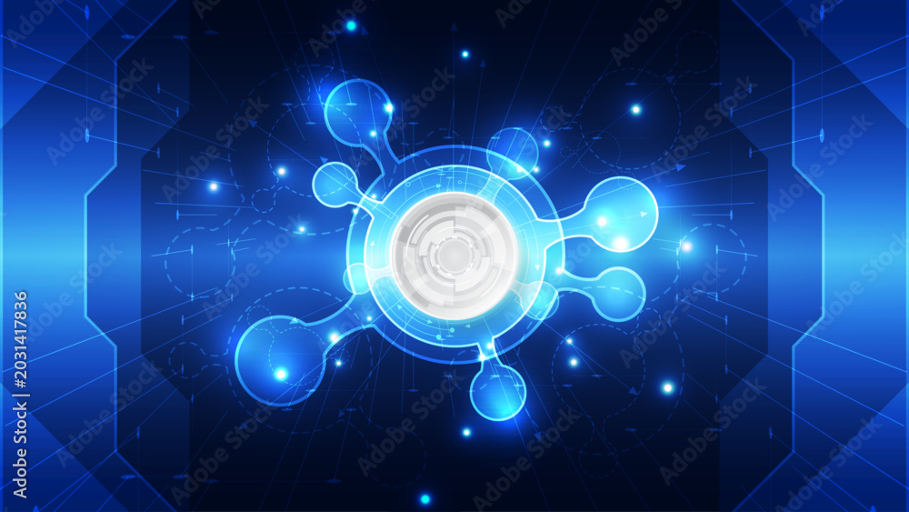 Fototapeta premium Futuristic Biotech Innovation Core: Glowing Blue Molecular Node Interface on Digital Circuit Background