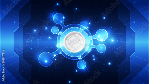 Futuristic Biotech Innovation Core: Glowing Blue Molecular Node Interface on Digital Circuit Background