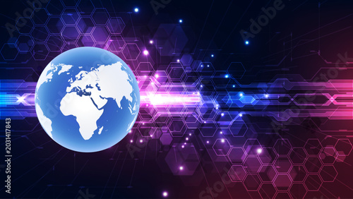 Futuristic Global Cyber Network: Blue Globe on Abstract Hexagonal Data Core and Technology Background