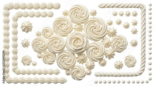 White buttercream frosting swirls and piping borders, decorative cake icing elements on white background, sweet whipped cream rosettes and borders
