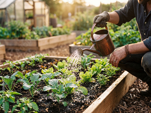 watering young organic plants during golden hour sunlight, cinematic backlight,