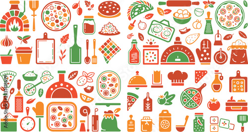 colorful food and cooking icons on white background for design elements