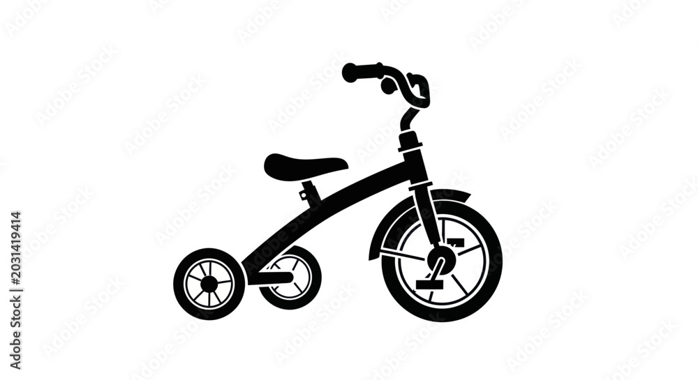 Fototapeta premium Black Silhouette of a Child's Tricycle on a White Background