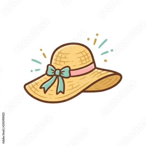 Straw hat illustration with pink ribbon and blue bow