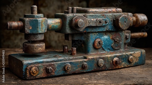 Vintage Rusty Industrial Machine Part With Blue Paint Peeling Off And Aged Metal Details