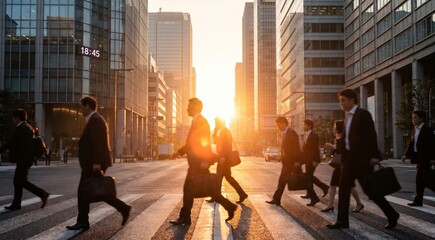 Cinematic urban street scene with silhouettes of busy business people walking through a modern city at sunset, dramatic golden sunlight shining between skyscrapers