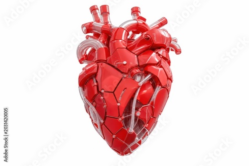 A futuristic professional photo of a bright red heart constructed from interlocking sleek geometric polymer nodes and smooth translucent tubes modern bioengineering and medical technology